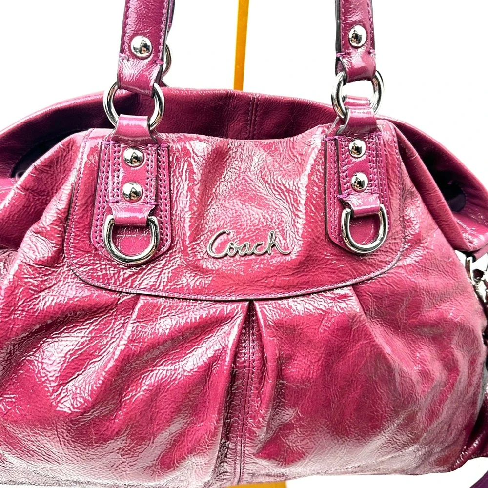 Coach Ashley Magenta Crimson Patent Leather Pleated Satchel Shoulder Bag F15455